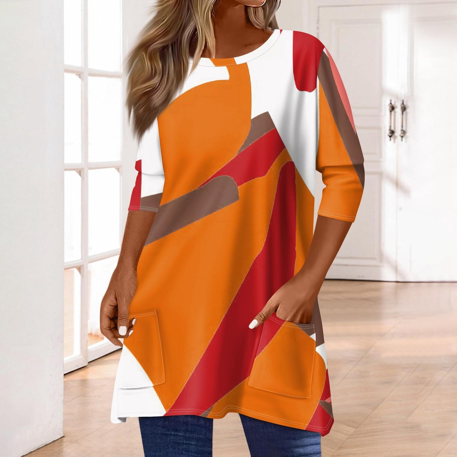 

3/4 рукава кармана топы для женщин футболка повседневный принт средней длины топы футболка круглый вырез пуловер блузка M оранжевый