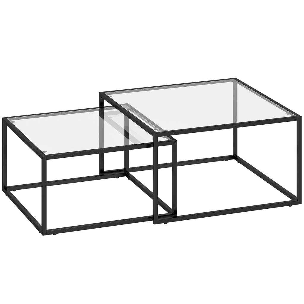 Nesting Coffee Tables, Set of 2, Tempered Glass Top, Metal Frame, Black