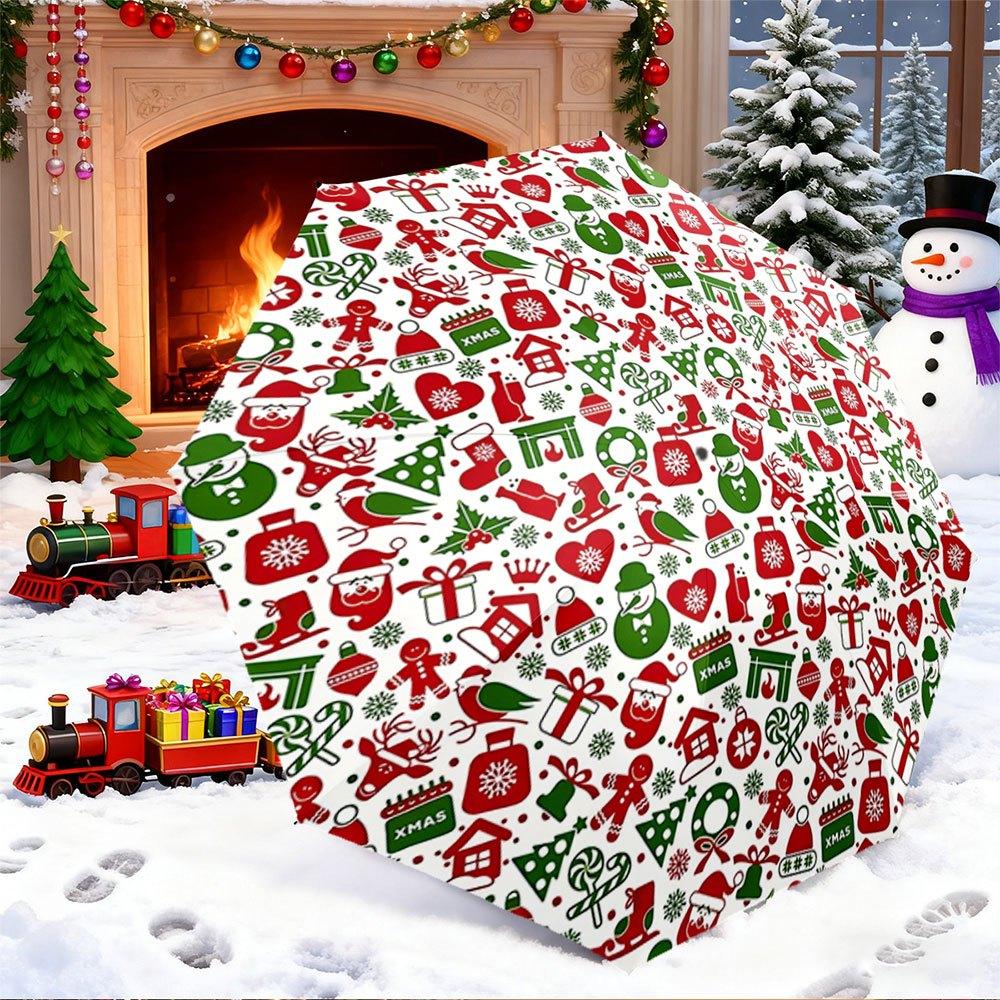 

Portable Folding Umbrella | Festive Santa, Snowman, and Reindeer Patterns in Red, Green, and White | Fits Travel, Backpack, Ho (as the picture,iron&8K)
