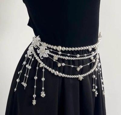 Bohemian Pearl Metal Waist Chain Floral Tassel Belt Layered Design Adjustable Length for Dress Accessories