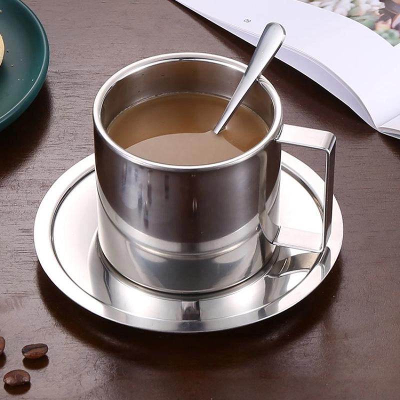 Ensemble Tasse à Café & Thé à Double Paroi en Acier Inoxydable 304 avec Cuillère