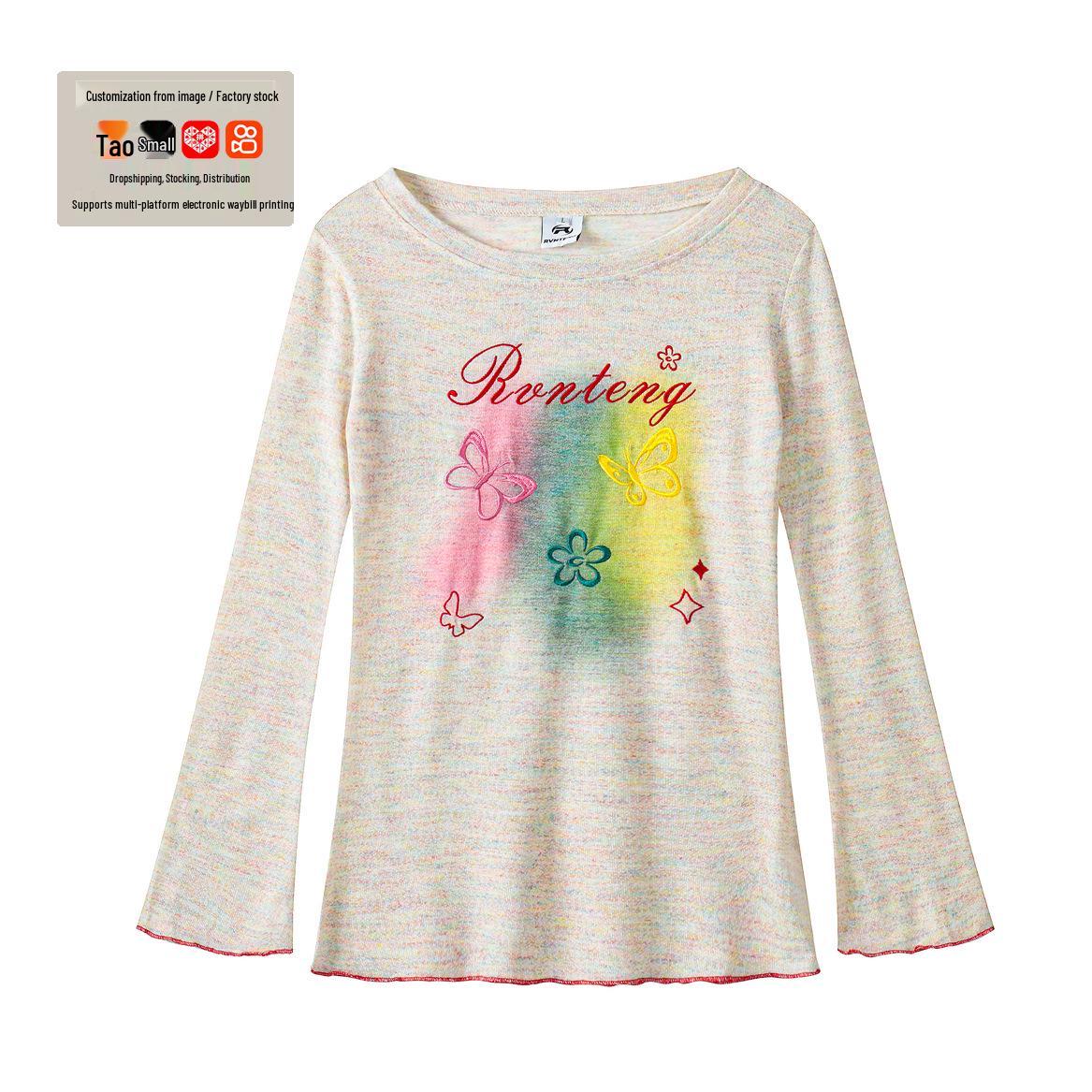 

Women s Tie-Dye Long Sleeve Top with Butterfly and Flower Embroidery, Bell Sleeves Medium рожевий