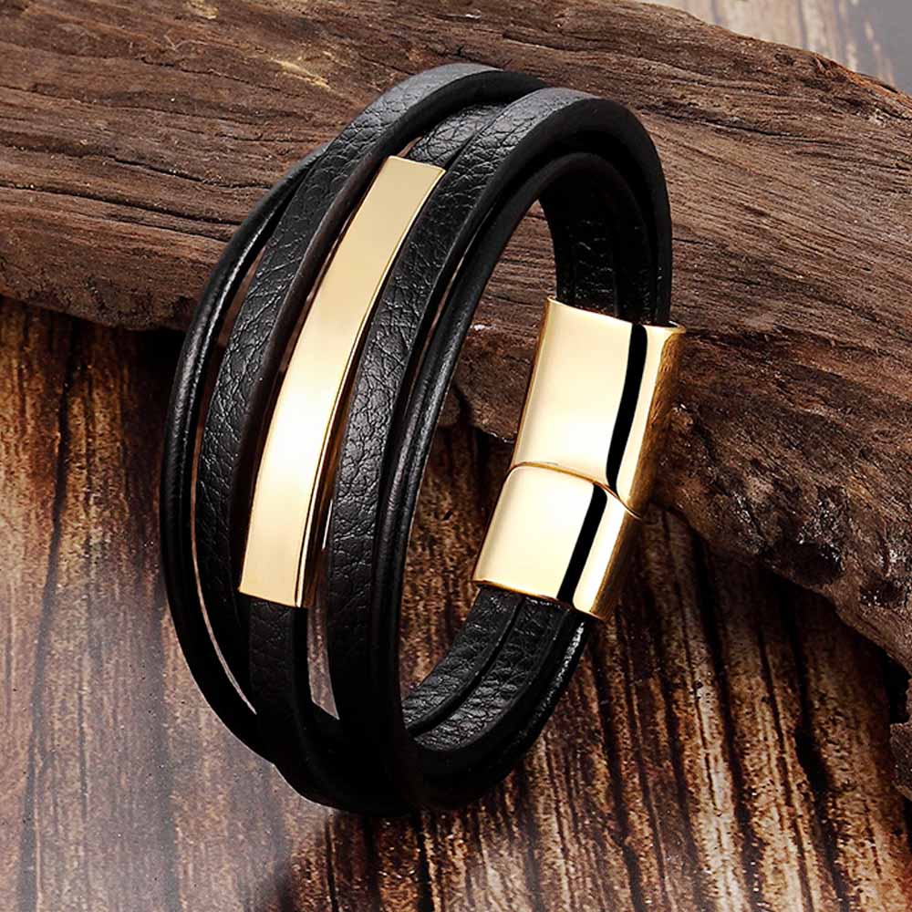 Trendy Men Jewelry Popular Black Color Genuine Leather Bracelet Multi-layer Design Charm Cuff Bangle For Handsome Boy Gift