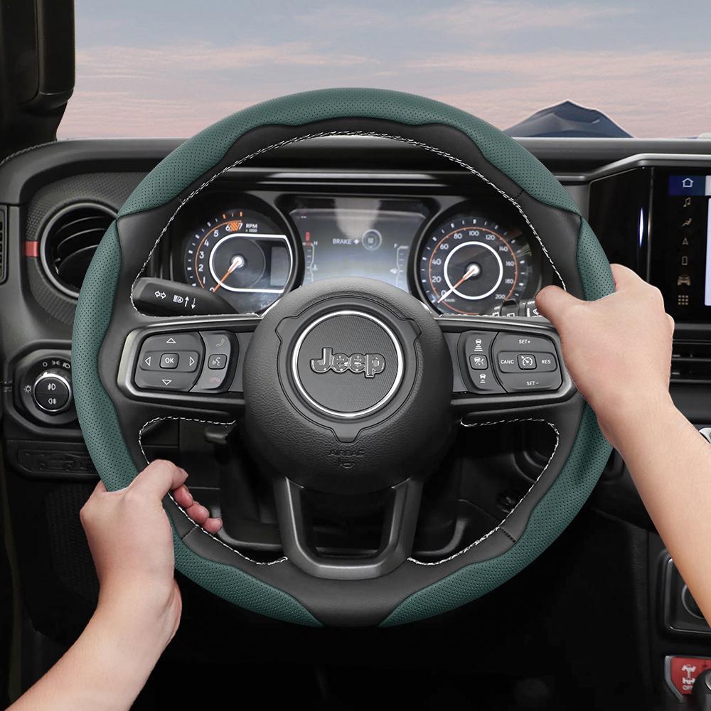 Suitable for Jeep Breathable Hole Leather Steering Wheel Cover Segmented Quick Release Design Non-Slip Durable Compass Renegade Wrangler Grand C AMU1