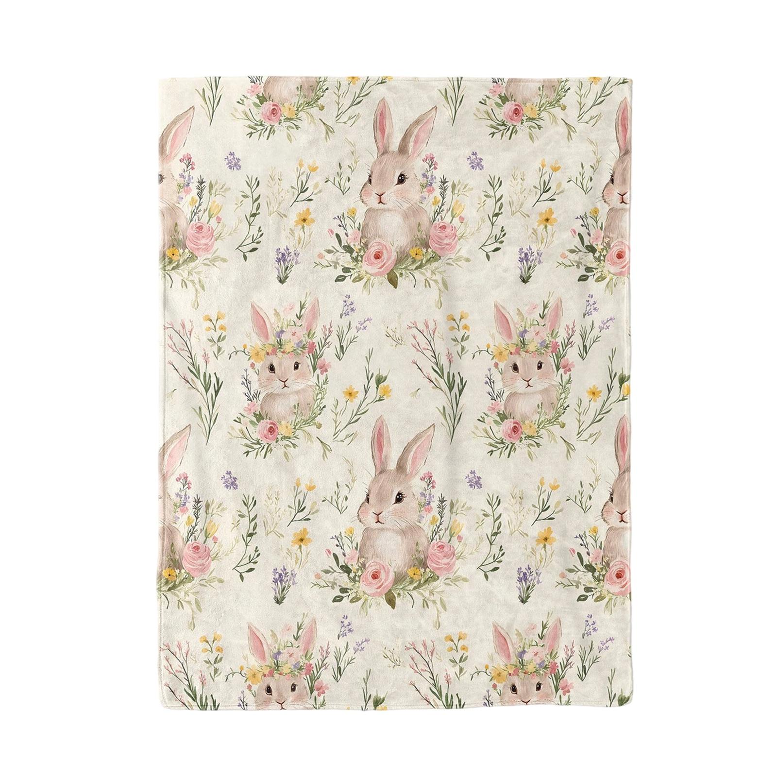 

100*130cm Easter Flannel Bunny And Flower Digital Print Blanket, Bed Blanket, Small Dispenser One Size