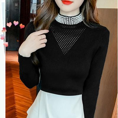 Women High Neck Sweater Slim Beaded Stretch Knit Sweater Fall and Winter Long Sleeve Pullover Knit Top
