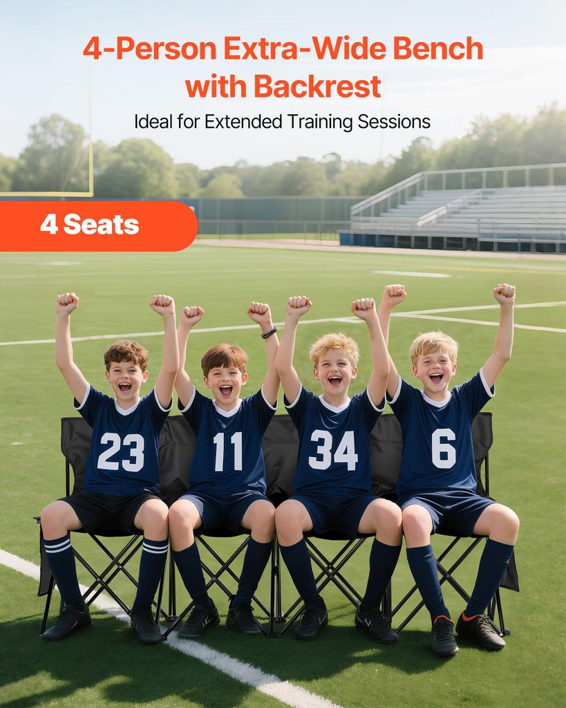 VEVOR Portable Folding Bench, 4 Seat Foldable Soccer Bench with Side Pockets and Carrying Bag