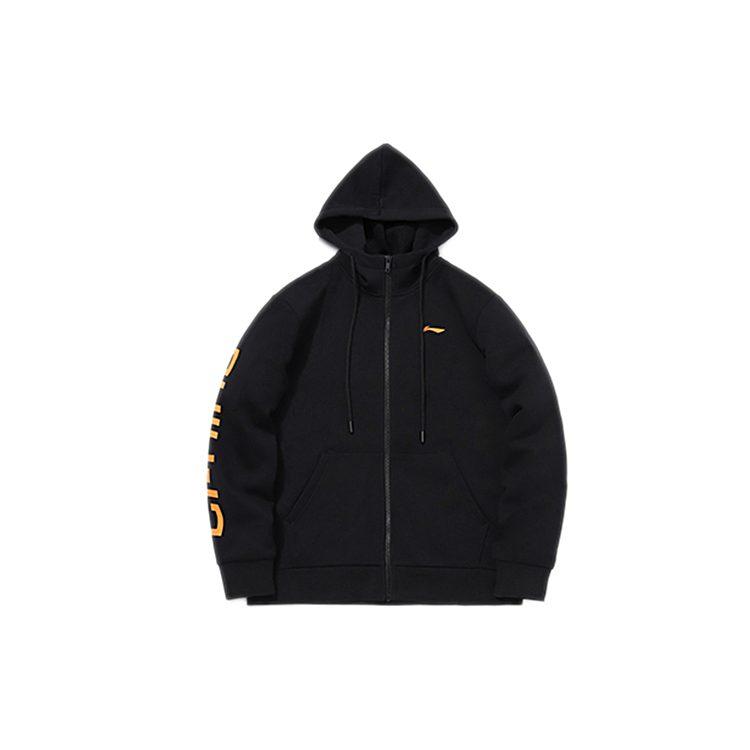 Li Ning Sports Fashion Collection Logo Print Fleece Lined Thermal Hooded Zippers Jacket Unisex New Standard Black AWDPD23-11