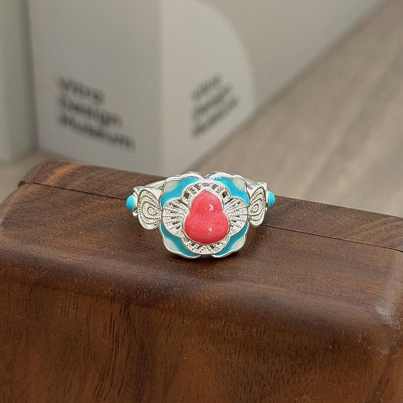 Niche High-End Sweet Sister Country Tide Style Colored Enamel Flower Retro Pattern Open Ring Stacked With Personalized Ring