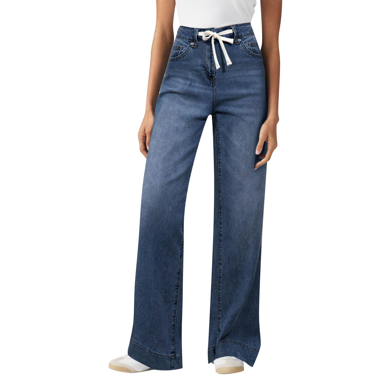 

Women s Wide Leg Jeans High Waisted Stretchy Straight Leg Baggy Drawstring Denim Pants XXL синий