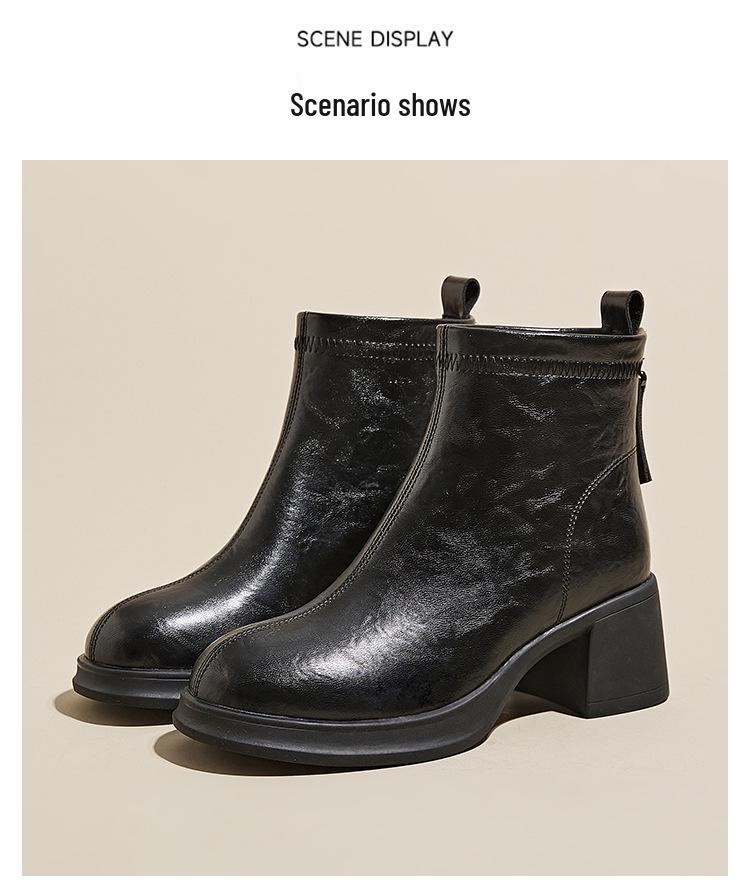 Fall/Winter Women's Thick-Soled Genuine Leather Skinny Boots, Korean-Style Back Zipper Martin Boots, Slip-On Casual Shoes