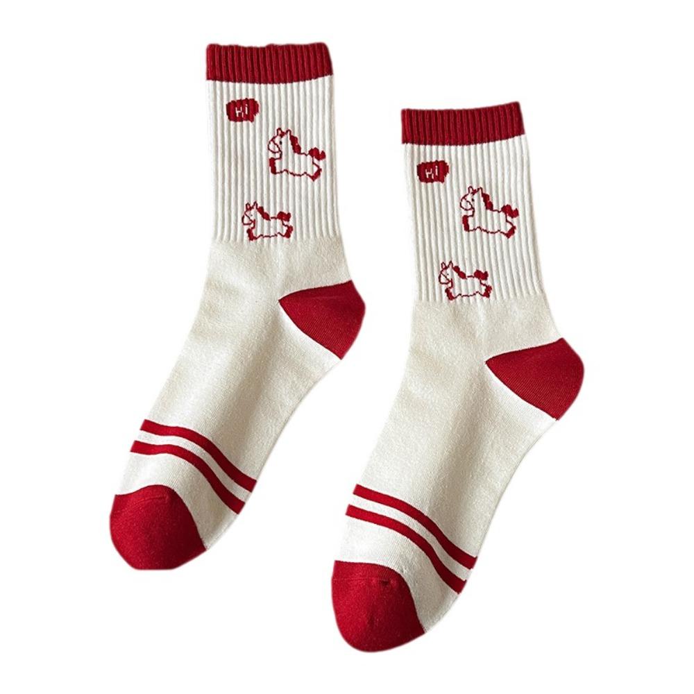 Soft Cartoon Red Socks Cotton Year of The Horse Socks Ladies Socks Zodiac Year Socks  Gift