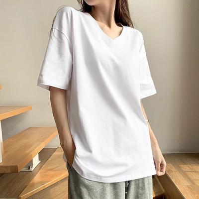 Fehér, rövid ujjú, V-nyakú, pamut, bő, félujjú, egyszínű, plus size póló