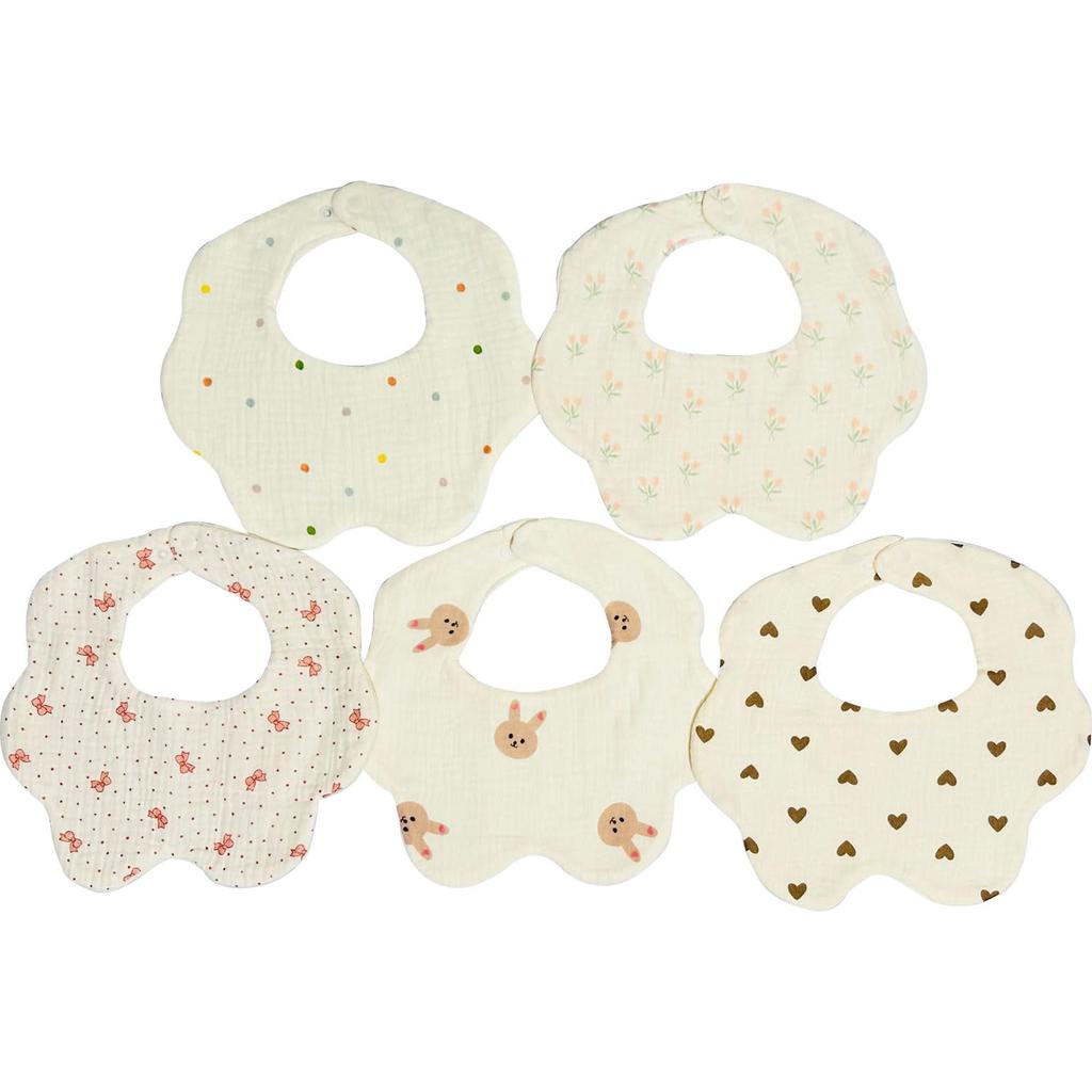 Baby Set of Machine Nursery Rotation [&&COCO] Bibs, 5, 6-Layer Gauze, 100% Cotton, Formaldehyde-Free, Washable, Large, Soft, Petal-Shaped, Bib,