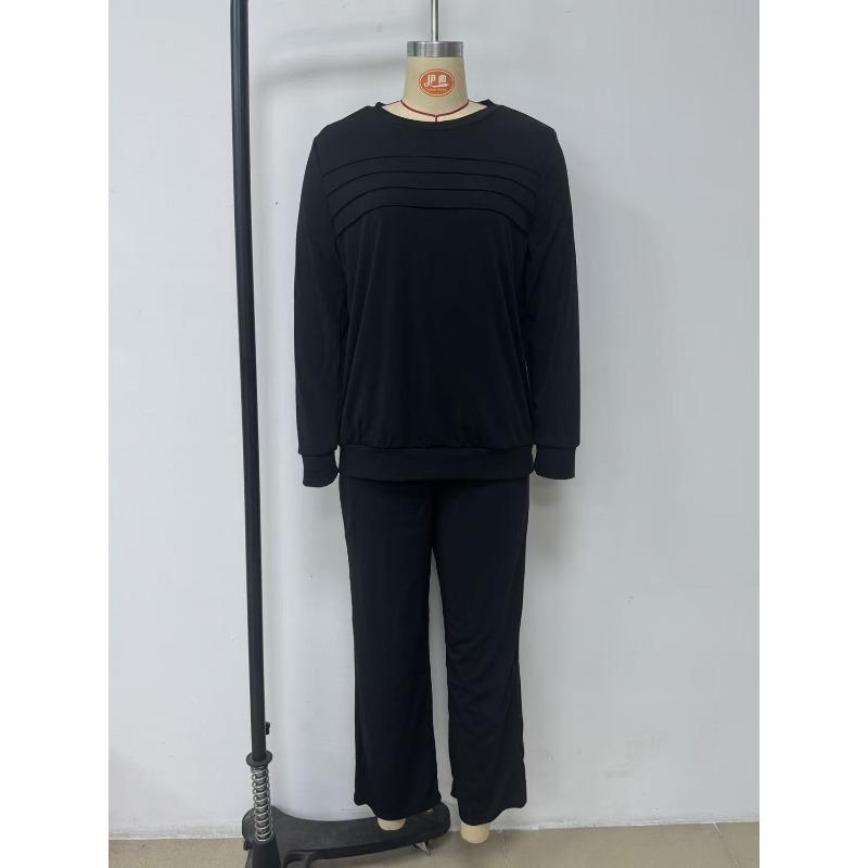 

VEZFAA Женский Модный Повседневный Весенне-Осенний Однотонный Принт С Длинным Рукавом О-образный Вырез Брюки Костюмы S чёрный