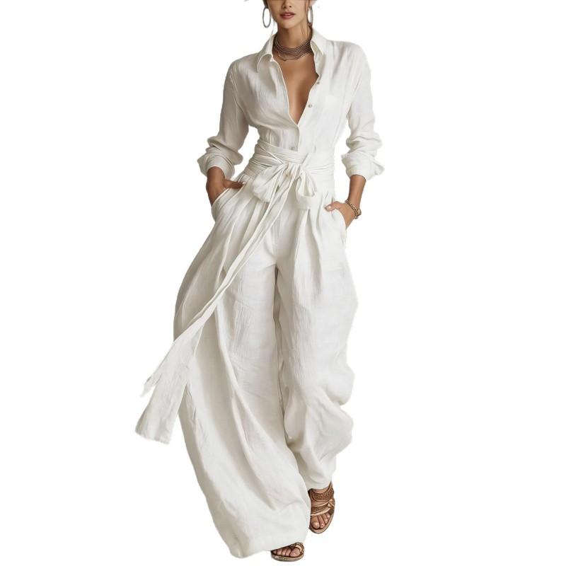 2026 Vintage Solid Color High Waist Wide Leg Jumpsuit With Tie Loose Fit Casual Womens Outfit