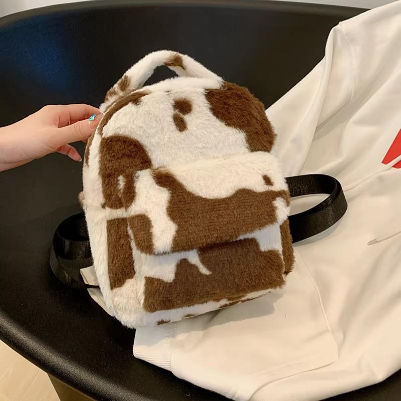 1pc Cow Pattern Plush Backpacks Multifunctional Portable Shoulder Bag Women Adjustable Strap Shopping Bags for Birthday Gifts