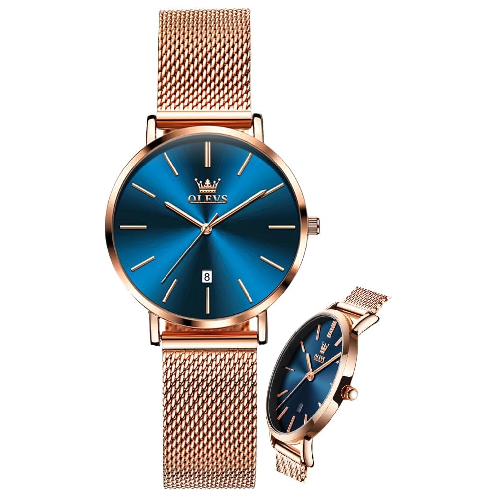 OLEVS Women s Minimalist Casual Watch Rose Gold Leather Band Waterproof Analog Quartz with Date Calendar