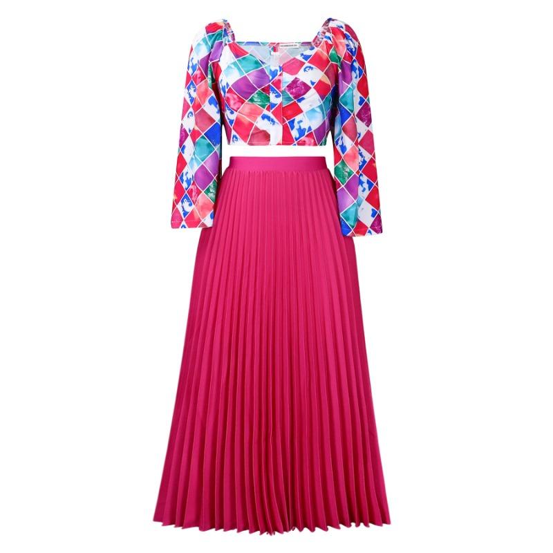 Women V Neck Printed Top Pleated Long Skirt Two Piece Casual Clothing Set