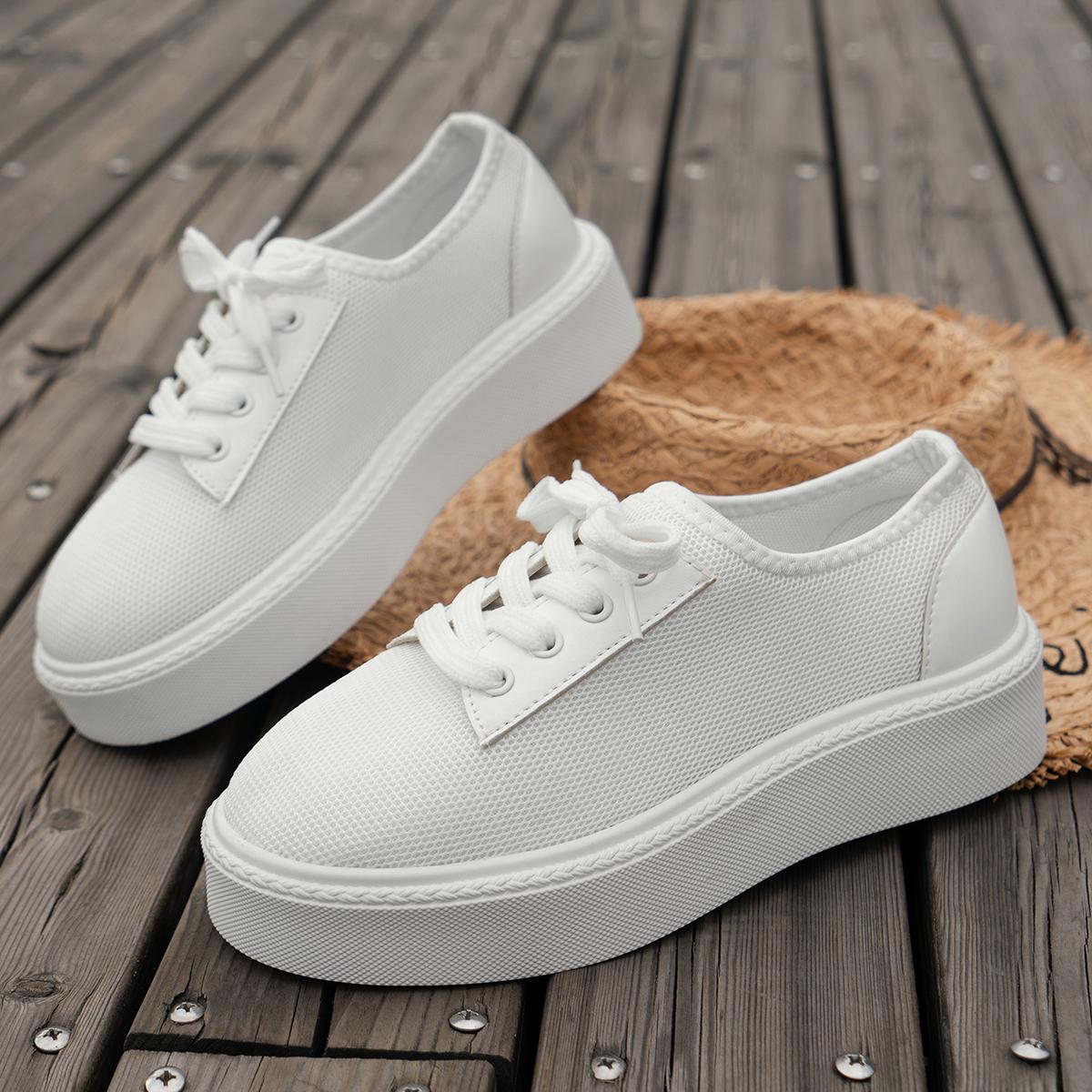 

Модные сетчатые дышащие кроссовки на платформе для женщин с толстой подошвой, нескользящие, вулканизированные туфли для женщин, повседневная обувь больших размеров со шнуровкой, Zapatos Mujer 36 белый