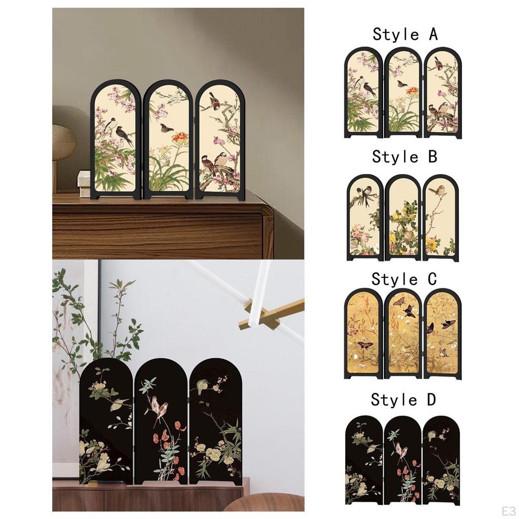 Kinesisk Design Mini Skärmprydnad 3-delad Skiljevägg Liten Bordsdekoration Fågel- och Blomtryck för