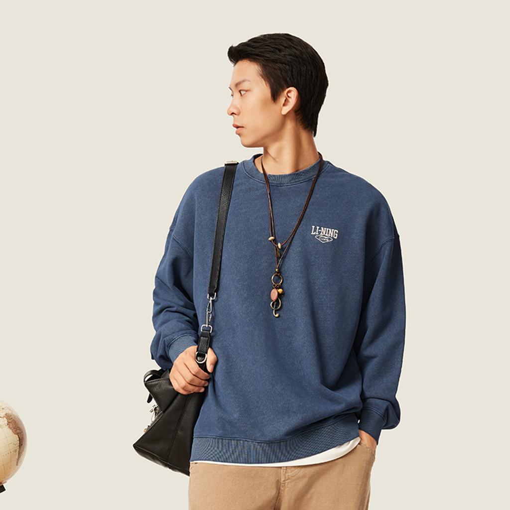 Li Ning Sports Lifestyle Series Casual Retro Letter Print Loose Comfortable Sweatshirt Unisex sweatshirt Night-Navigation-Blue AWDVC11-8