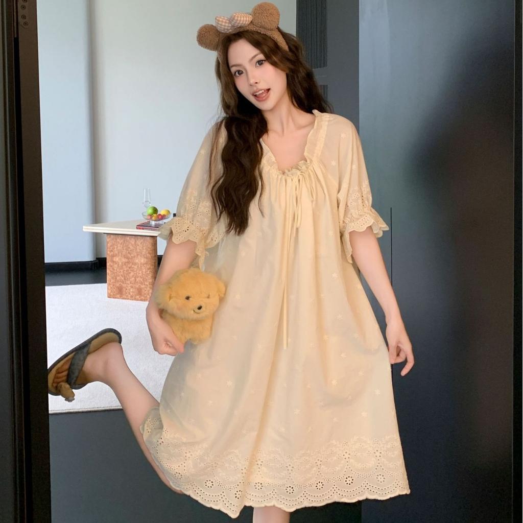 Embroidered French Nightdress Girl Spring and Summer New Short-sleeved Sweet Court Princess Pajamas Loose Long Dress Pure Desire