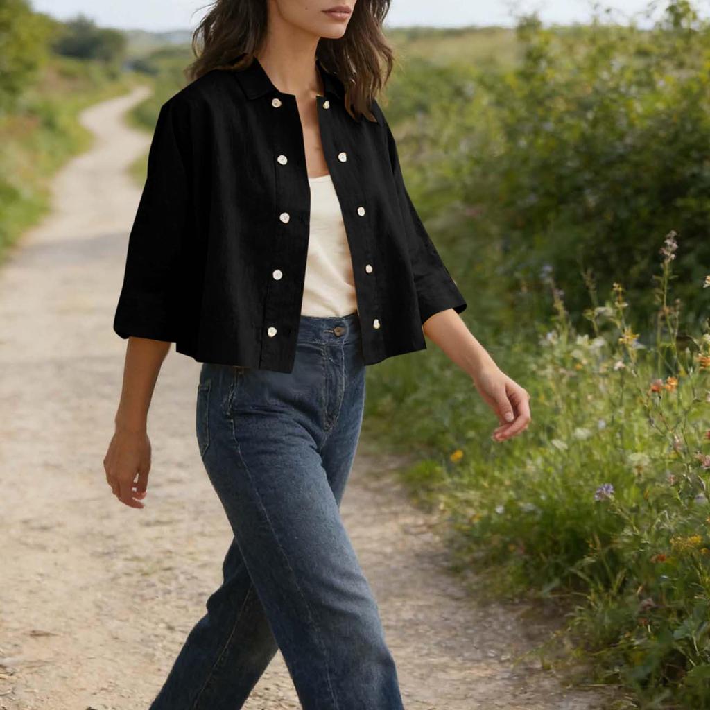 Women's Fashion -Color Cotton And Linen Double-breasted Short Half-sleeved Cardigan Top