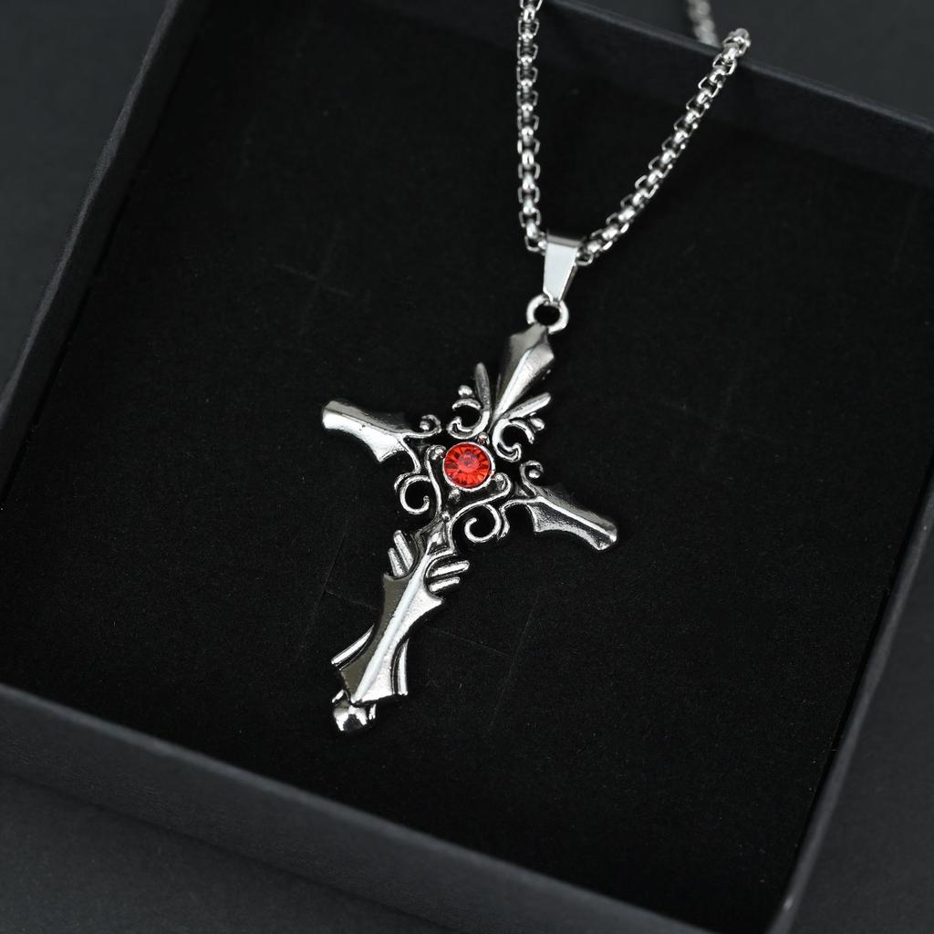 Halloween Retro Diamond-Encrusted Cross Necklace Rhombus Domineering Male Street Hip-Hop Jewelry Pendant