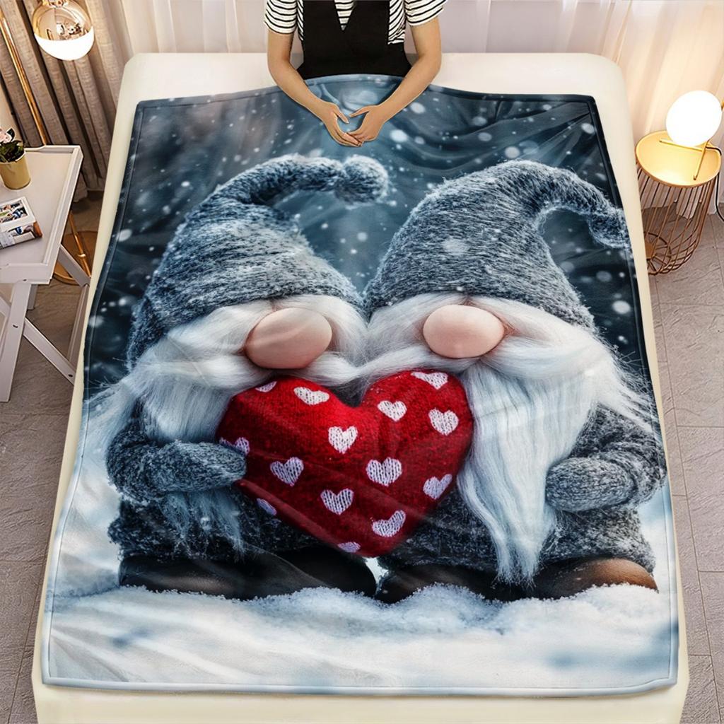 1pc Love Gnomes Holding Heart Valentine's Day Couple Fleece Blanket Romantic Winter Theme Soft Cozy Throw for BedroomLiving Room