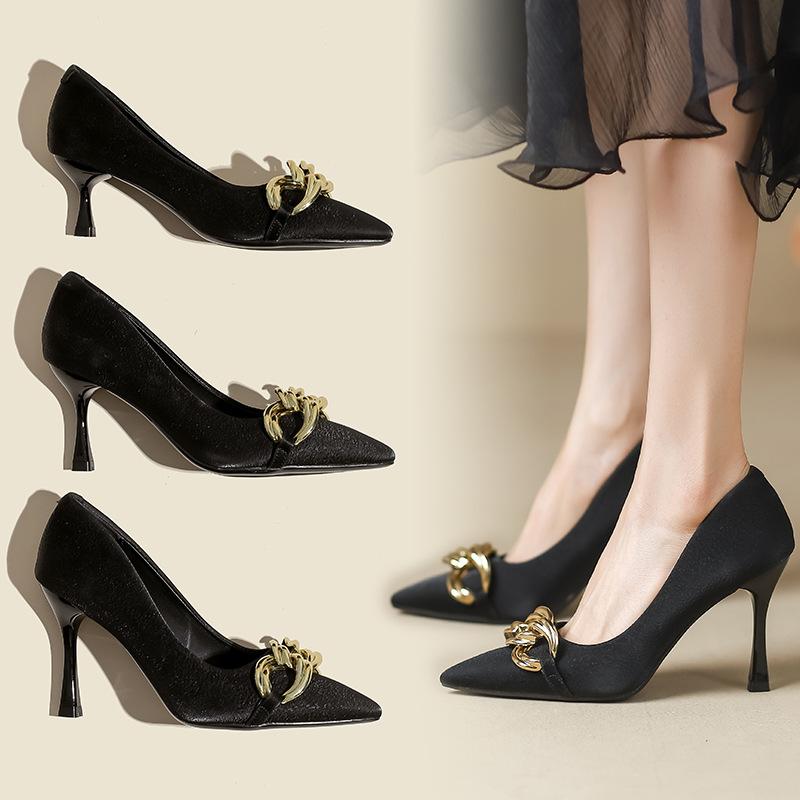 High Heels Women's Autumn and Summer New Fine Heel Design Sense Niche Temperament Celebrity French Nude Pointed Single Shoes