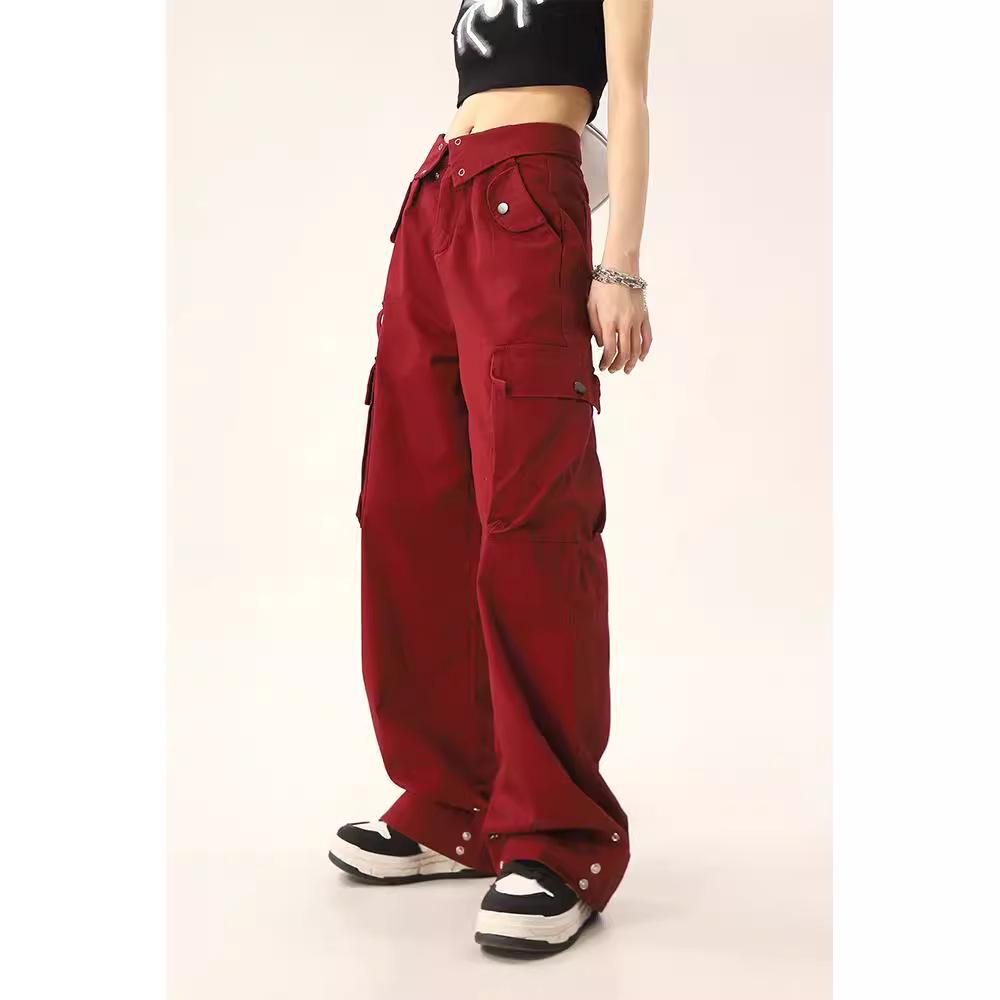 Unisex 2023 Red High-Waist Loose Wide-Leg Cuff Overalls - Niche Style