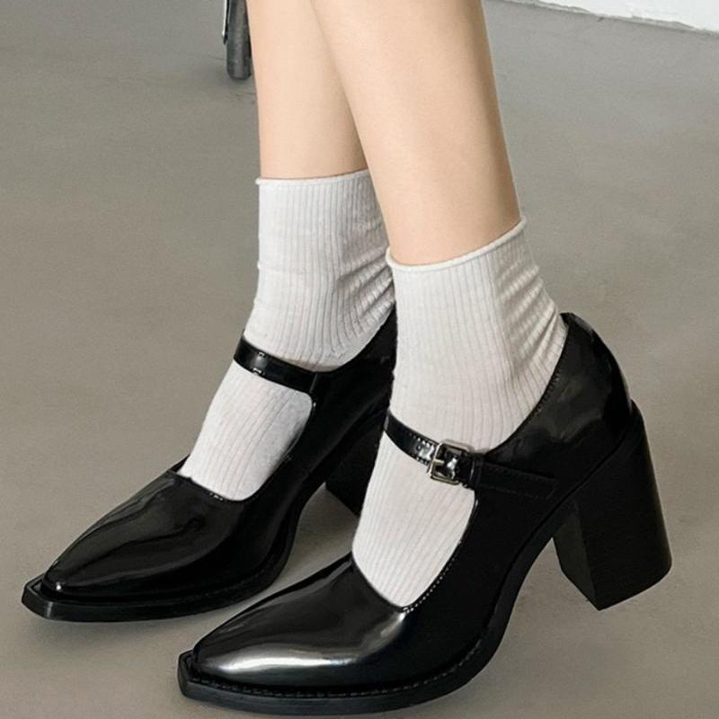 French Mary Jane High Heels Retro Word with Pointed Single Shoes Women's Autumn and Winter Black Thick Heel with Skirt Small Leather Shoes