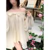 One-word Shoulder Bow Yarn Long-sleeved Top Women's Knee Sweet Wind Bow Chiffon Wrinkled Backless