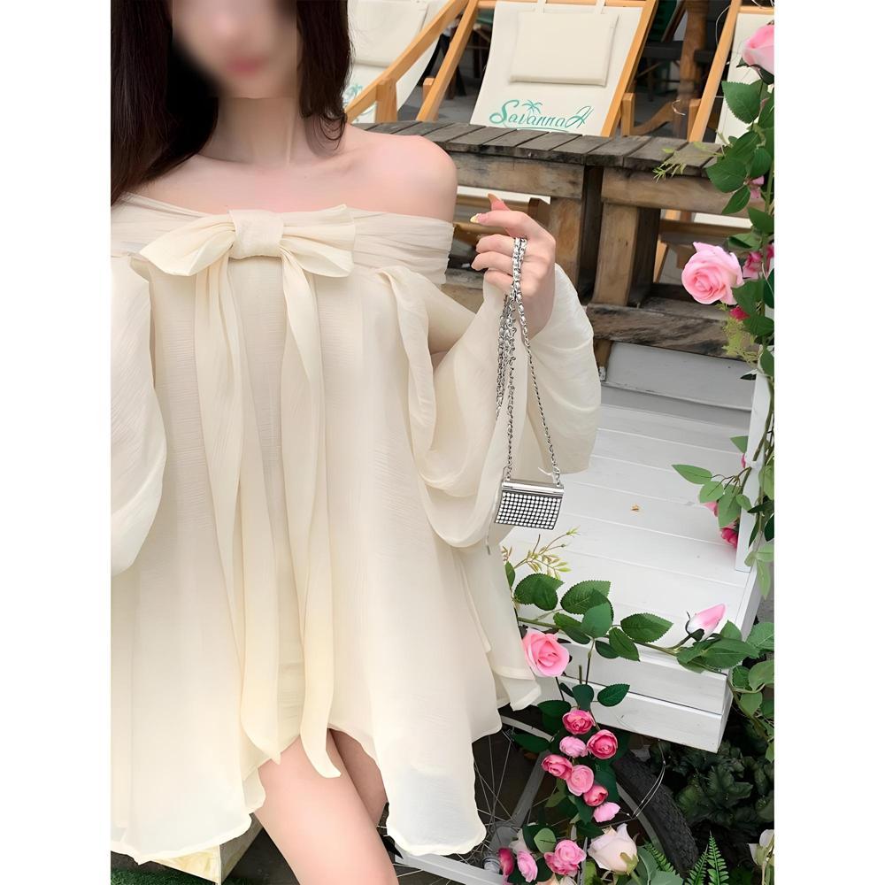 One-word Shoulder Bow Yarn Long-sleeved Top Women's Knee Sweet Wind Bow Chiffon Wrinkled Backless