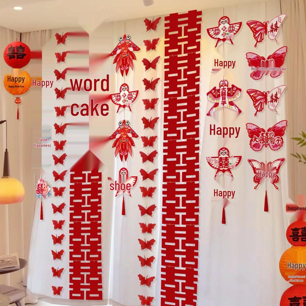 2025 Double Happiness Wedding Room Hanging Decor Set: Wall Decorations & Bride Living Room Flower Pulls