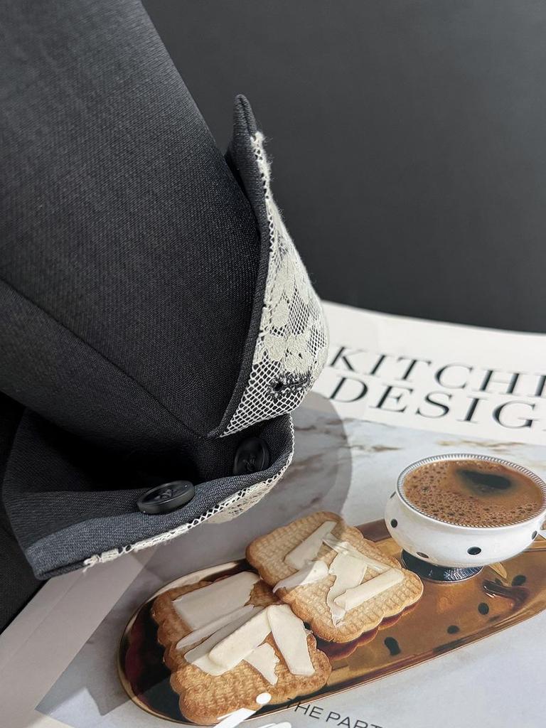 Veste de tailleur grise pour femme de haute qualité avec manchette en dentelle, Printemps/Automne 2025, Style Célébrité Internet