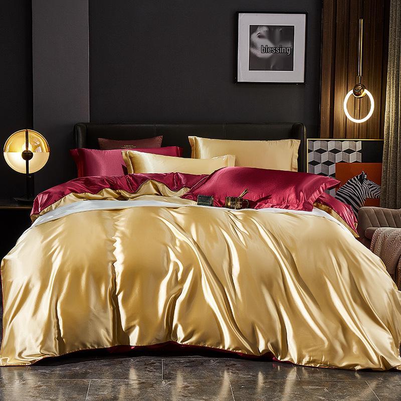 Summer Nude Four-Piece Solid Color Mulberry Silk Bedding Set with Ice Silk Bed Sheet