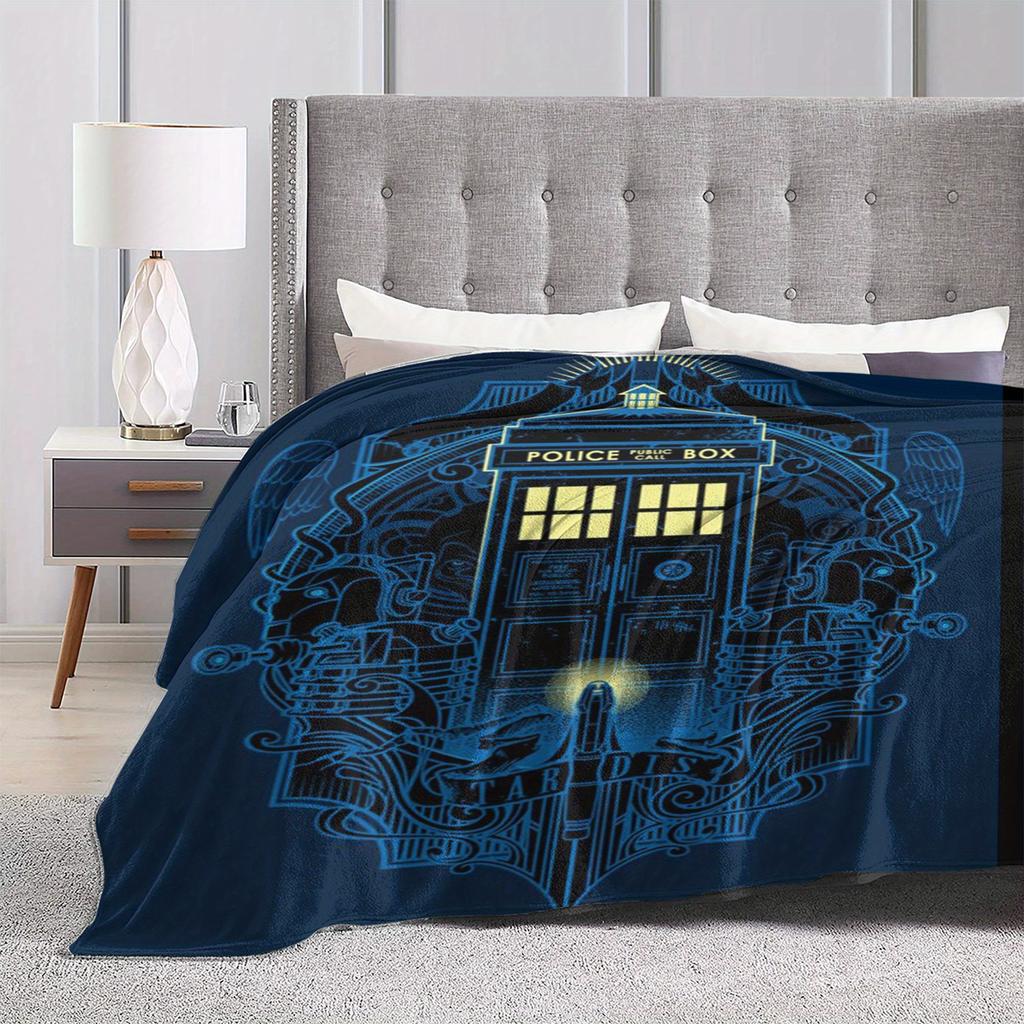 Time Traveler Flannel Throw Blanket Soft TARDIS Blue Design All Season Cozy Comfort for Doctor Who Fan Gift