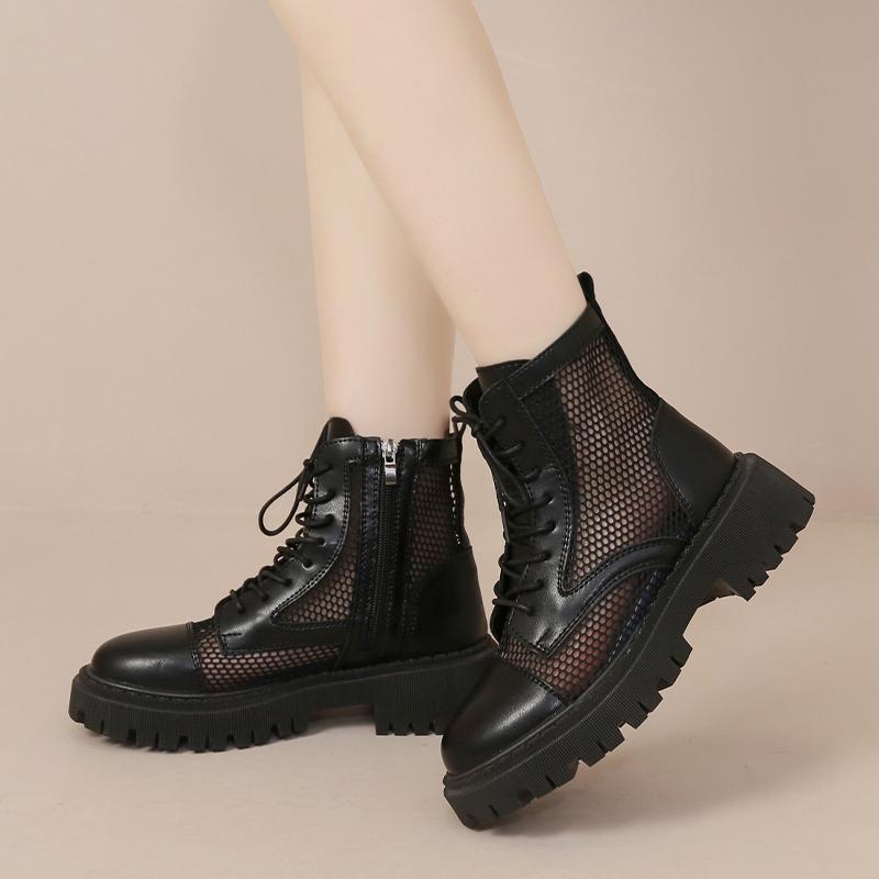 2025 Summer New Round Head Mesh Breathable Lace Up Back Zipper Versatile Cool Boots Thick Sole Comfortable Single Shoe Women