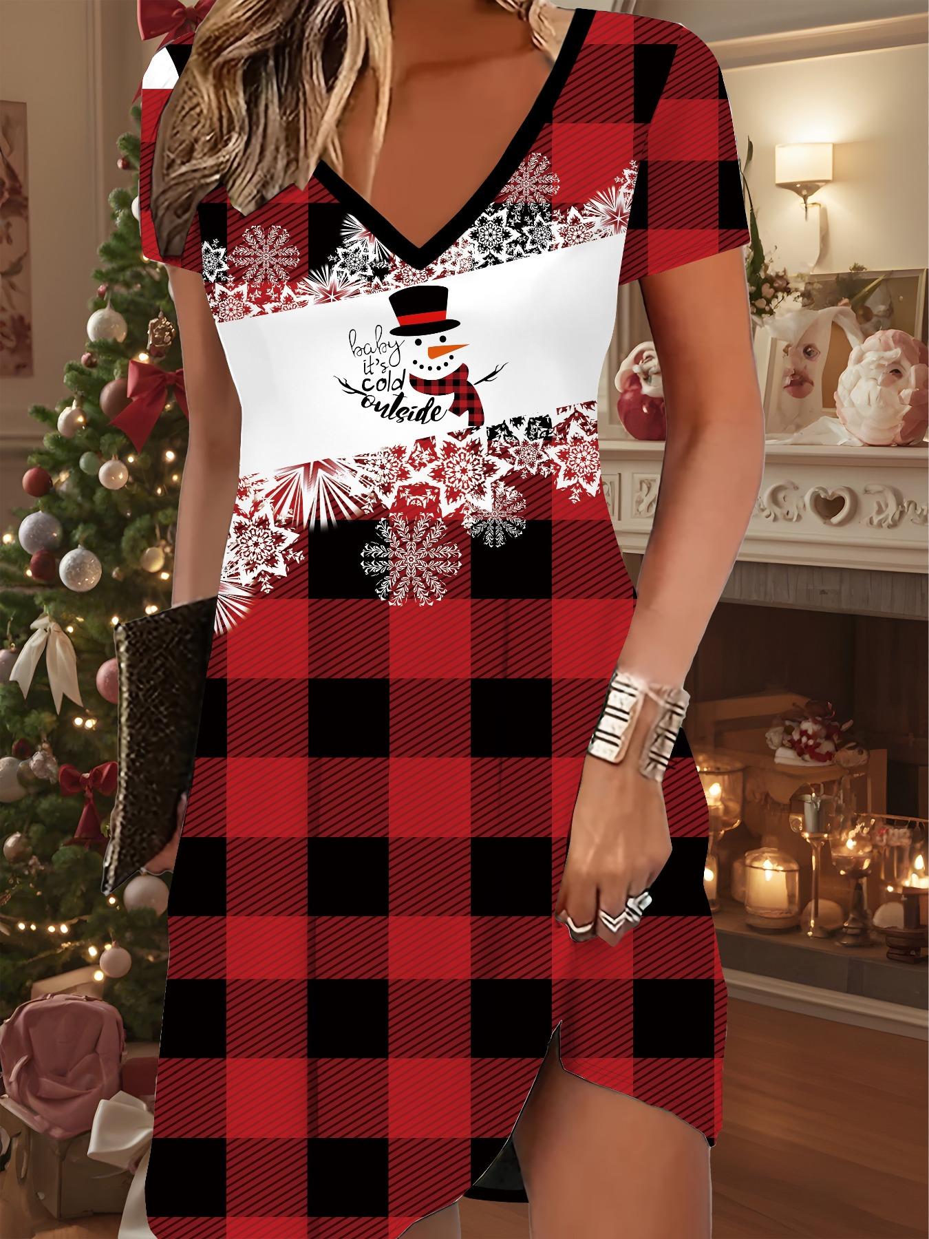 

Мода Жіноча Сукня з V-подібним вирізом та короткими рукавами з різдвяним принтом сніговика Сексуальні сукні з короткою спідницею 8XL