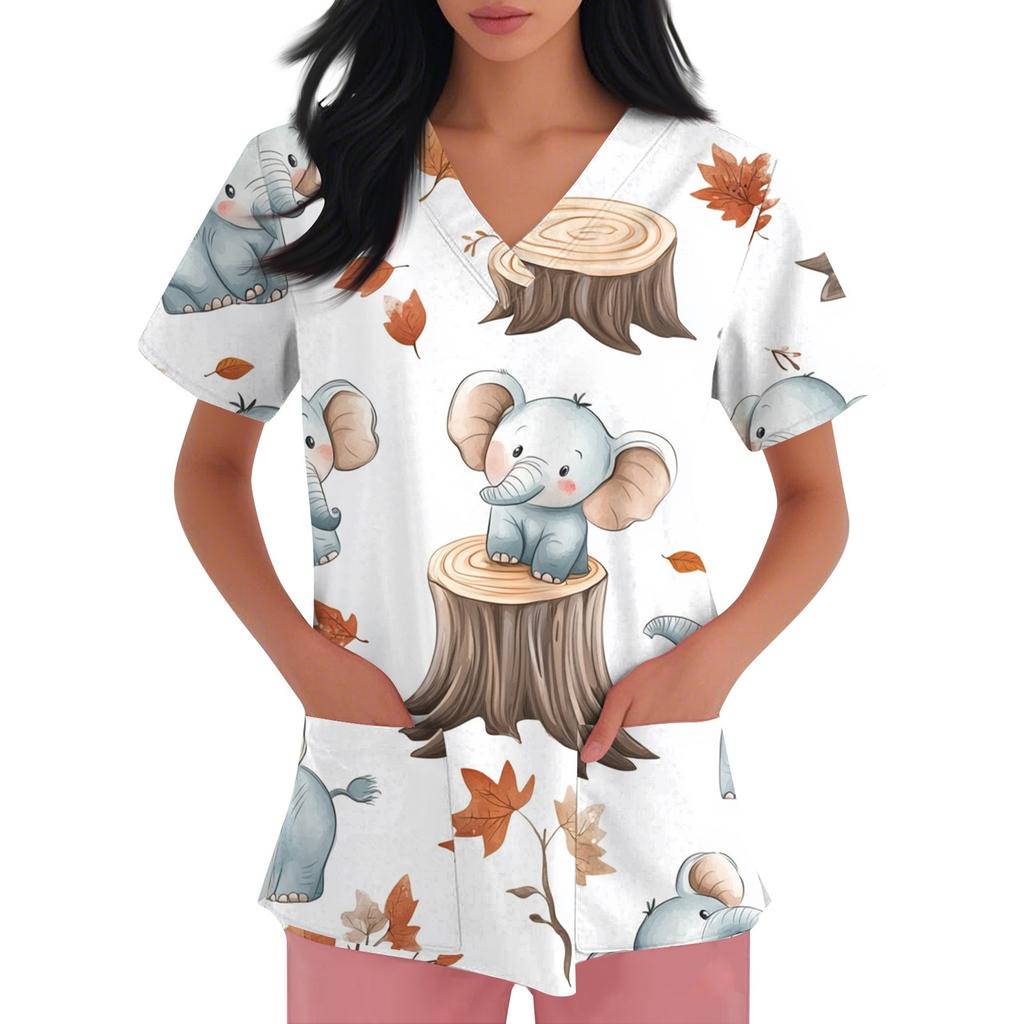 Women's Fashion Short Sleeve Cute Animal Printed V-Neck Pocket Workwear Tops