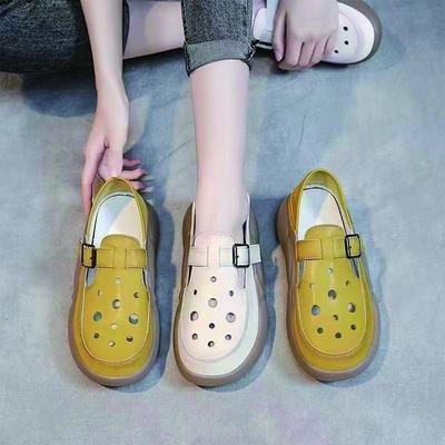Retro Bag Head Sandals Women's Summer Wear New Fashion Mother Shoes Soft Leather Thick Sole Breathable Hollow Two Wear Hole Shoes