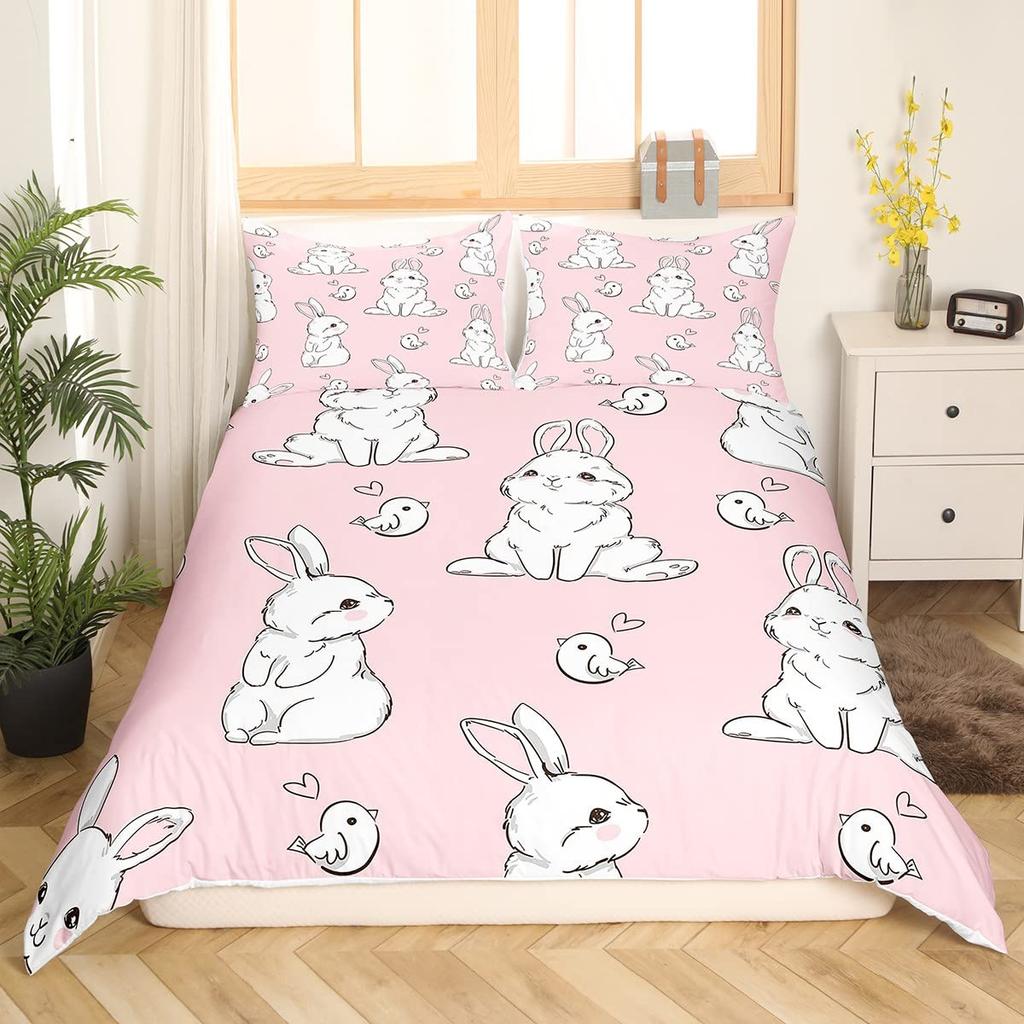 Rabbit Print Kids Girls King Queen Duvet Cover Cartoon Pink Little Bunny Comforter Cover Animal Floral Polyester Bedding Set