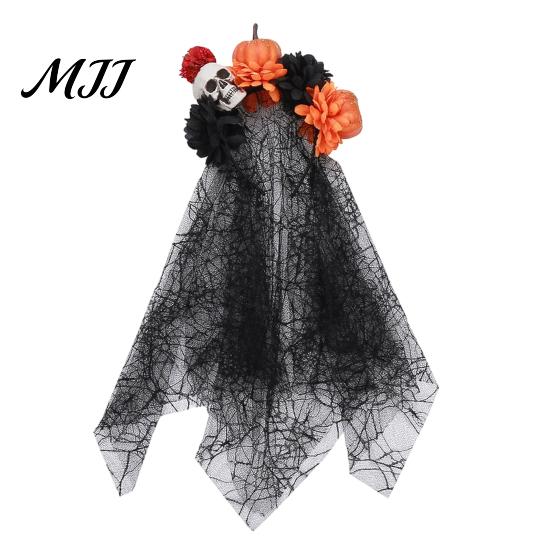 Photogenic Halloween Accessory Pumpkin Skull Floral Headband, Stable Hair Hoop with 3D Artificial Costume Headband Flowers And Spiderweb Black
