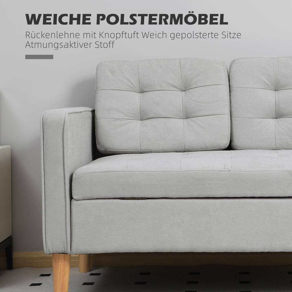 Two-Seater Sofa with Storage, Button Tufting, Cushion, Rubberwood, 117x62x78cm, Light Grey