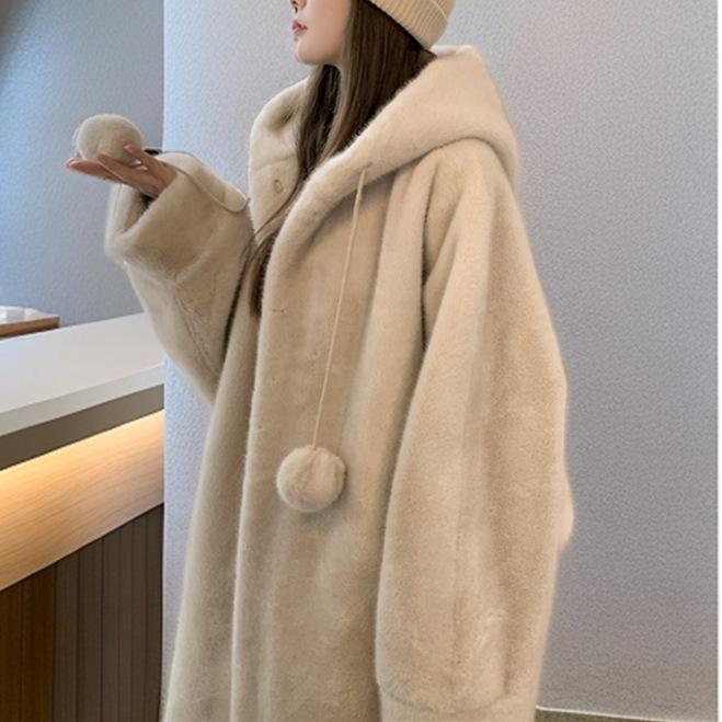 Imitation Mink Fur Hooded Jacket Women Thickened Coat Winter Plush Soft Loose Long Eco-friendly Coat Female Clothes