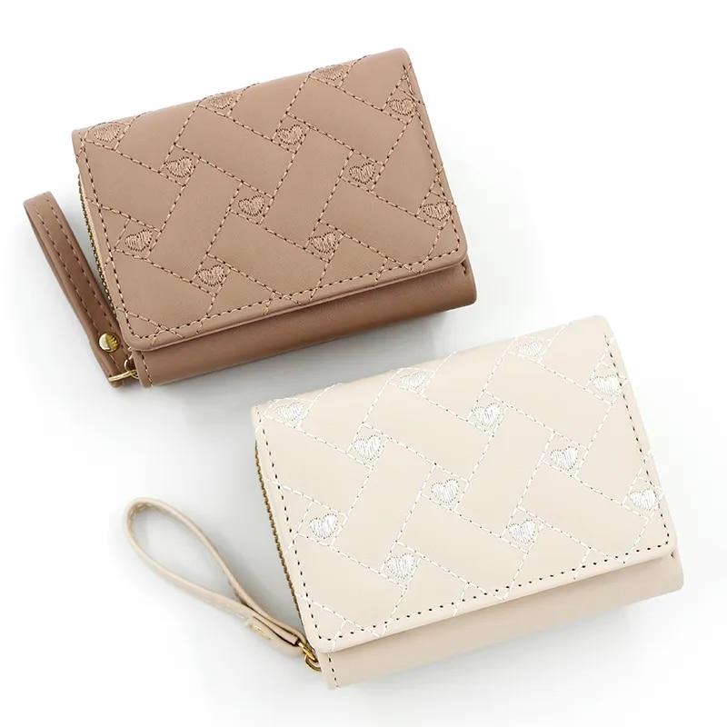 Carteira feminina bordada com coração amor, carteira curta, suporte para vários cartões, grande capacidade, bolsa de moedas da moda