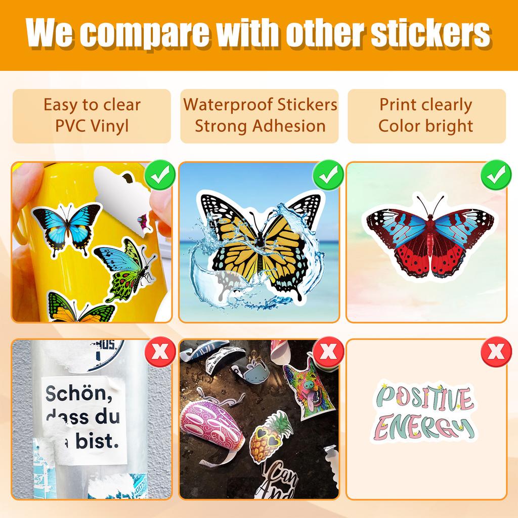 50PCS Cartoon Colorful Butterfly Stickers, Graffiti Decoration Stickers for Notebook/Skateboard/Water Cup