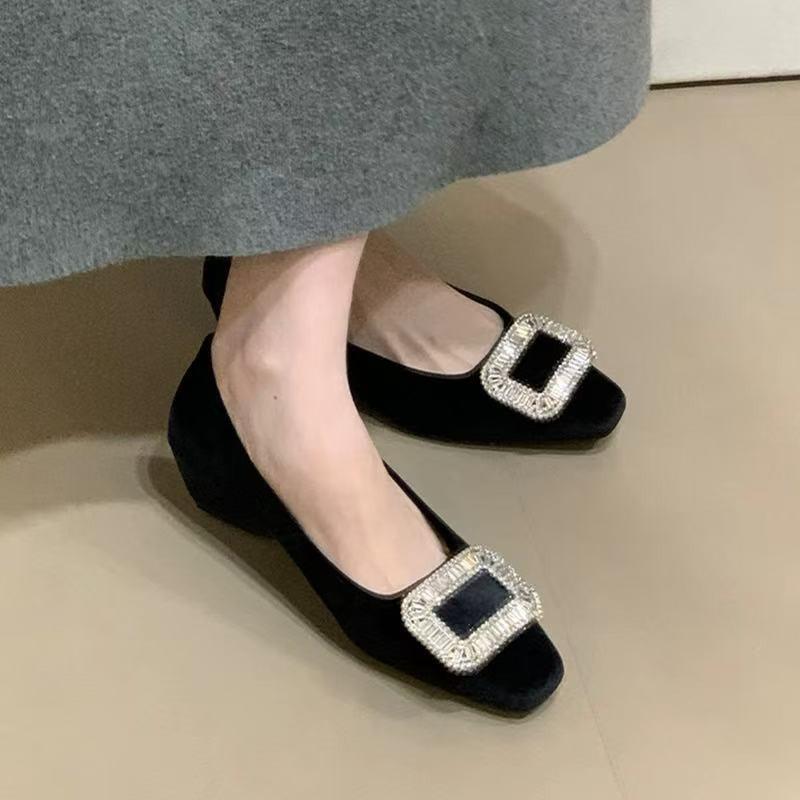 Square buckle rhinestone thick heel one pedal single shoes women's spring and autumn new commuter suede square head high heel women's shoes